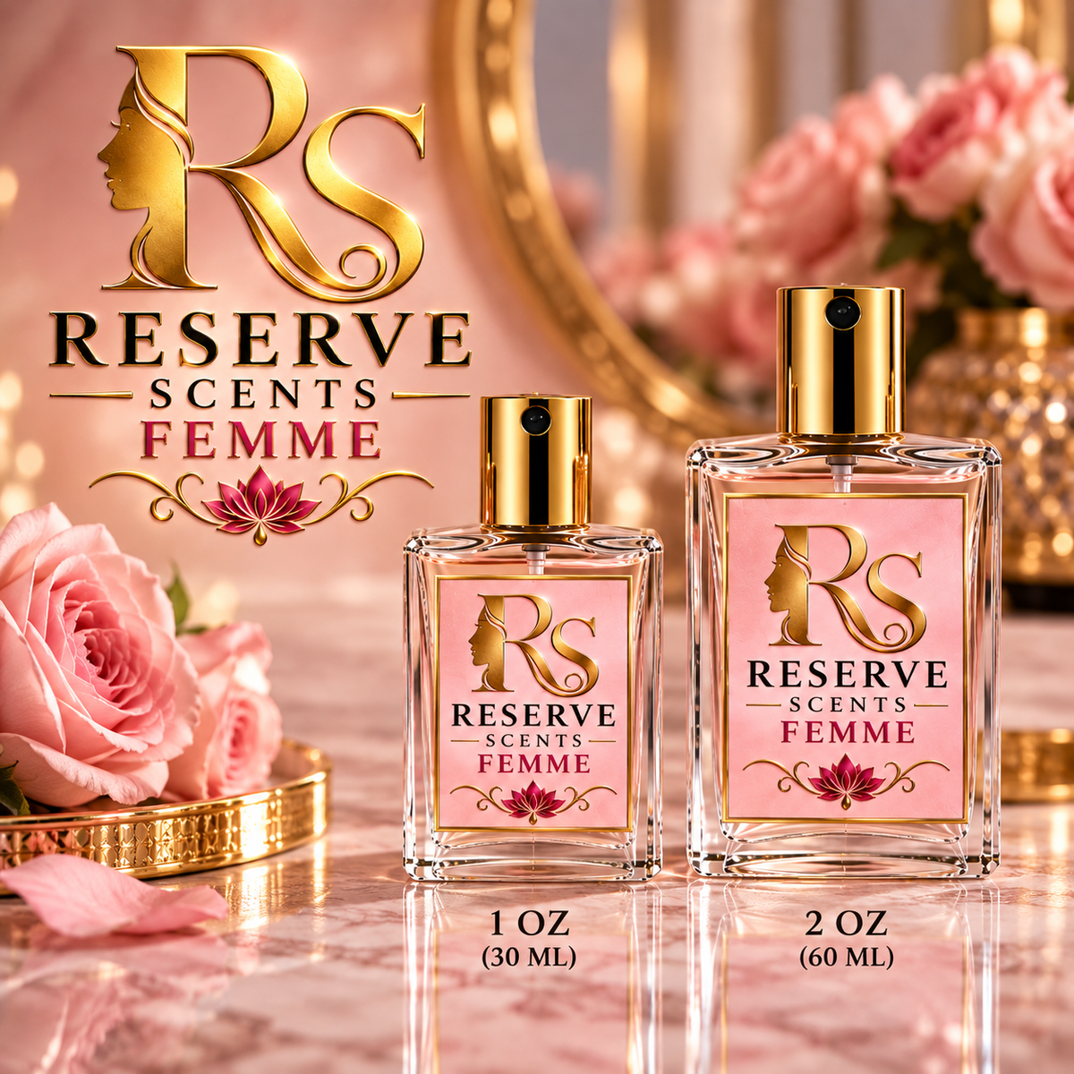 Reserve Femme fragrance bottles in 1 oz (30 mL) and 2 oz (60 mL) sizes