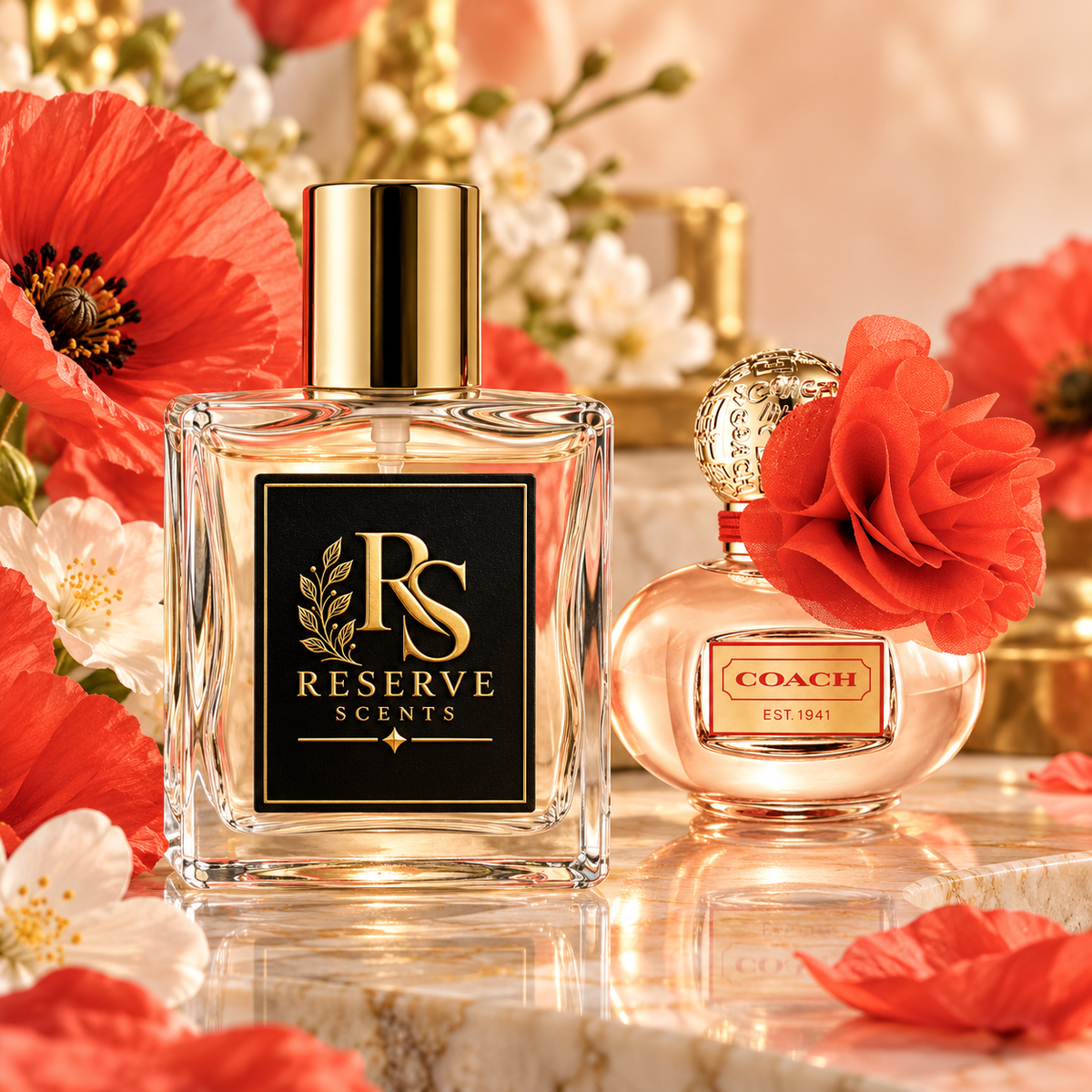 Reserve Scents Poppy Blossom inspired fragrance beside Coach Poppy Blossom