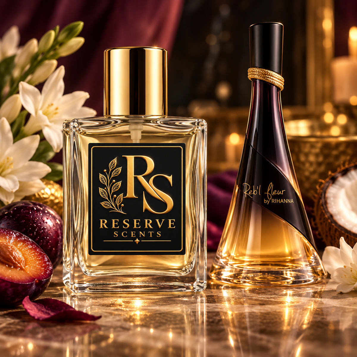 Reserve Scents Reb’l Fleur inspired fragrance beside Rihanna Reb’l Fleur