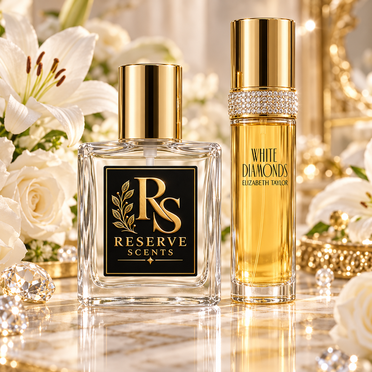 Reserve Scents White Diamonds inspired fragrance beside Elizabeth Taylor White Diamonds