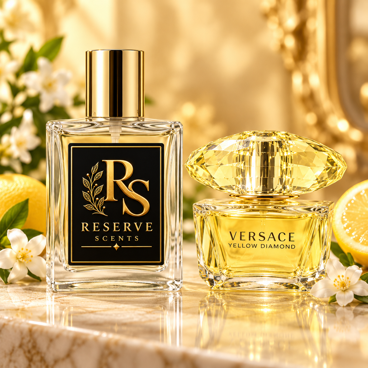 Reserve Scents Yellow Diamond inspired fragrance beside Versace Yellow Diamond